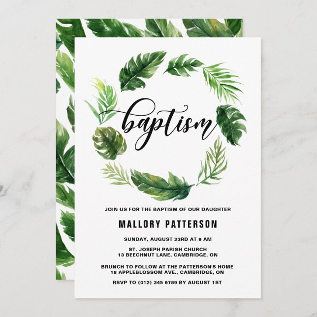 Watercolor Tropical Leaves Wreath Baptism Invitation (Front/Back)
