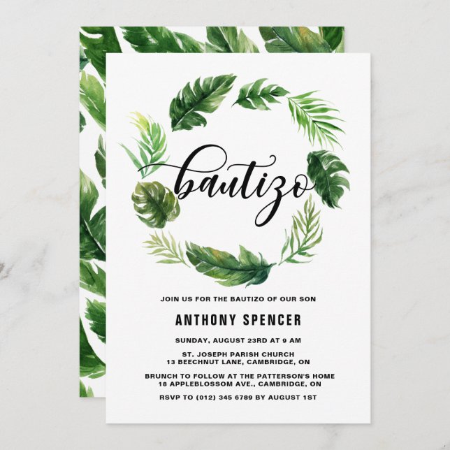 Watercolor Tropical Leaves Wreath Bautizo Invitation (Front/Back)