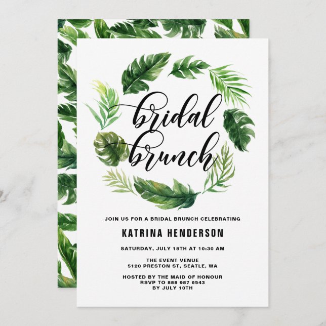 Watercolor Tropical Leaves Wreath Bridal Brunch Invitation (Front/Back)