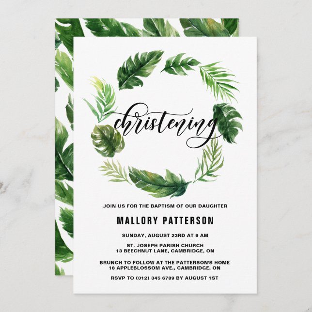 Watercolor Tropical Leaves Wreath Christening Invitation (Front/Back)