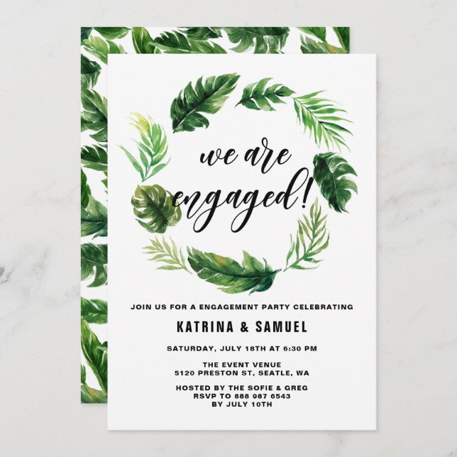 Watercolor Tropical Leaves Wreath Engagement Party Invitation (Front/Back)