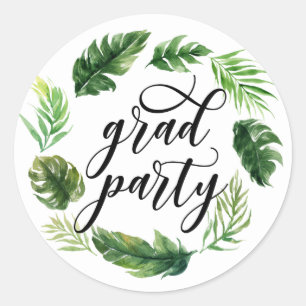 Watercolor Tropical Leaves Wreath Graduation Classic Round Sticker