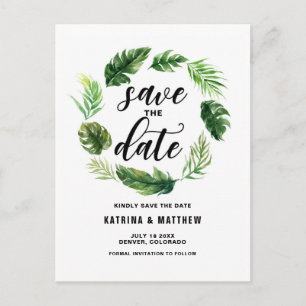 Watercolor Tropical Leaves Wreath Save the Date Announcement Postcard