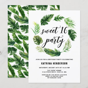Watercolor Tropical Leaves Wreath Sweet 16 Party Invitation