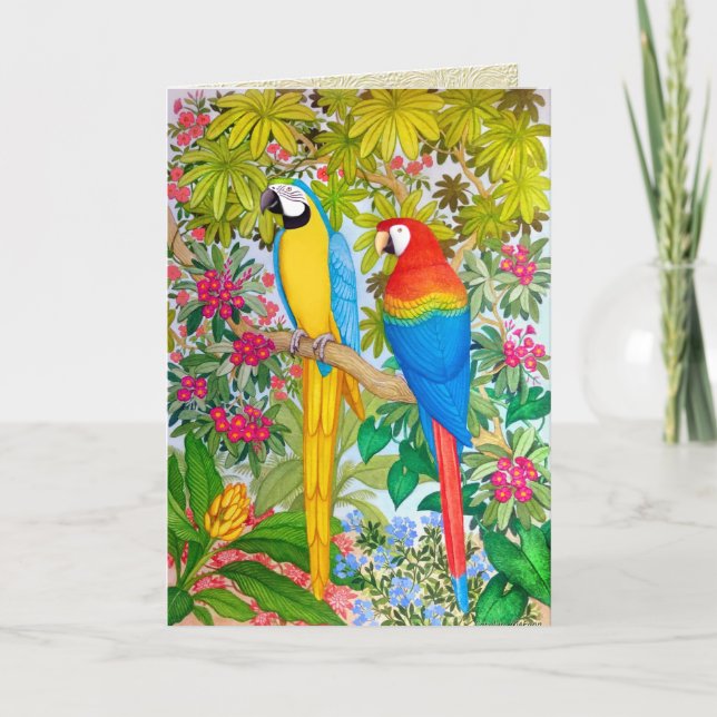 Watercolor Tropical Macaw Parrots Greeting Card (Front)