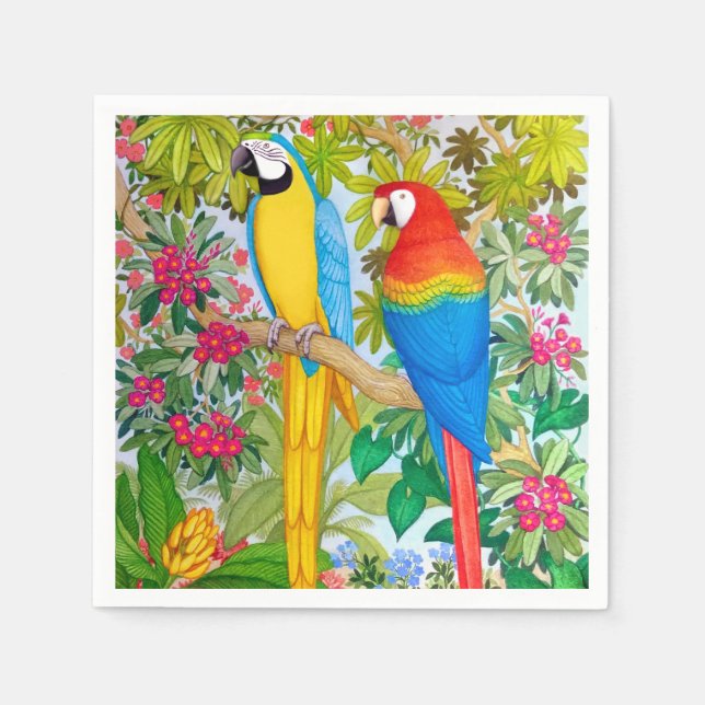Watercolor Tropical Macaw Parrots Paper Napkins (Front)