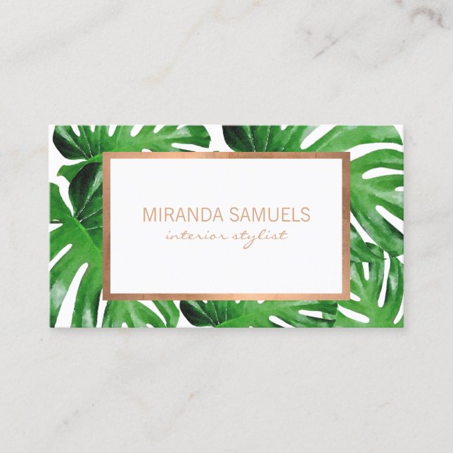 Watercolor Tropical Monstera Leaves Pattern II Business Card (Front)