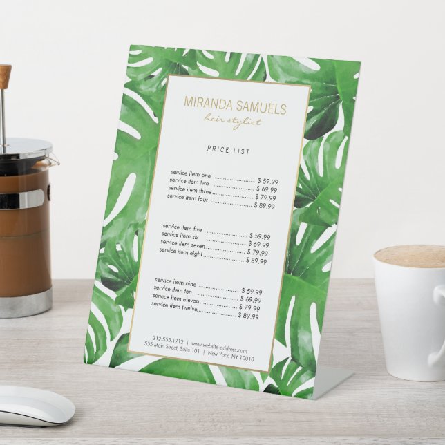 Watercolor Tropical Monstera Leaves Pattern Pedestal Sign (In SItu)