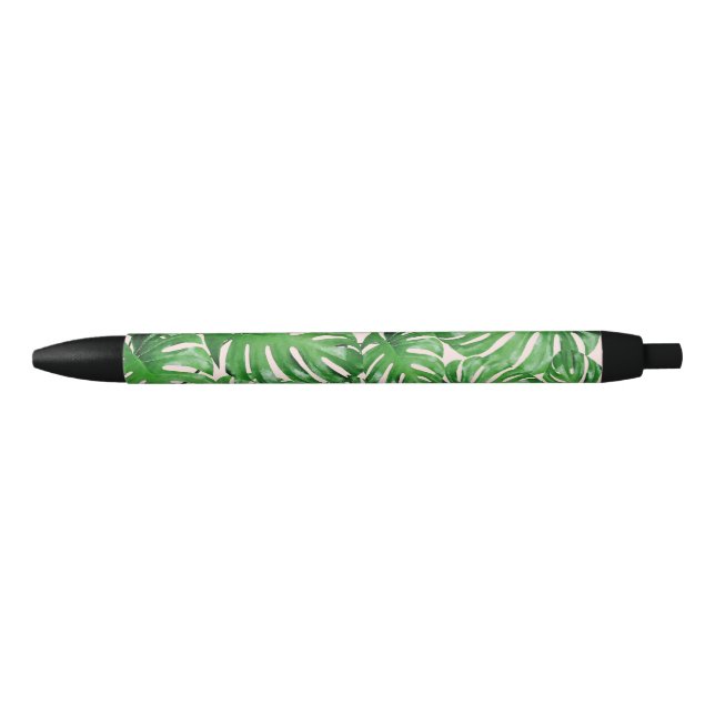 Watercolor Tropical Monstera Leaves Pattern Pink Black Ink Pen (Front)