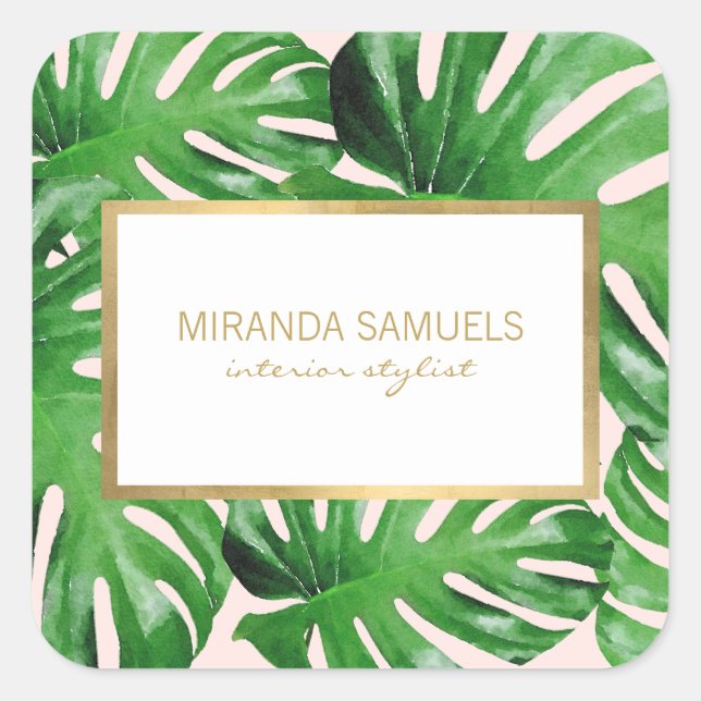 Watercolor Tropical Monstera Leaves Pattern Pink Square Sticker (Front)
