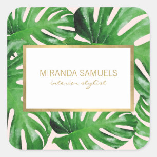 Watercolor Tropical Monstera Leaves Pattern Pink Square Sticker