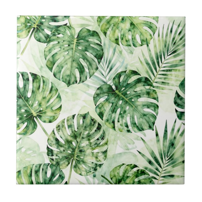 Watercolor Tropical Monstera Palm Leaves Pattern Ceramic Tile (Front)