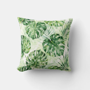 Watercolor Tropical Monstera Palm Leaves Pattern Cushion
