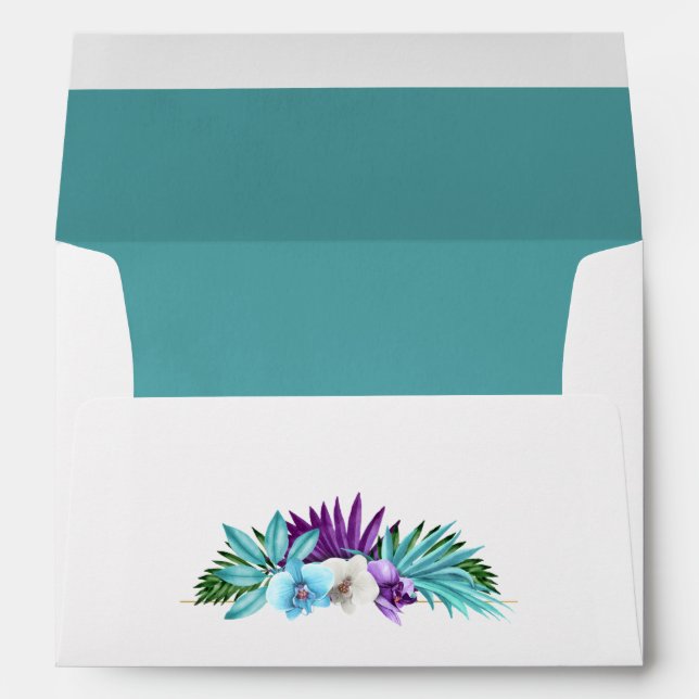 Watercolor Tropical Orchids Beach Wedding Envelope (Back (Bottom))