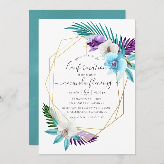 Watercolor Tropical Orchids Geometric Confirmation Invitation (Front/Back)