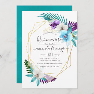 Watercolor Tropical Orchids Geometric Quinceañera Invitation
