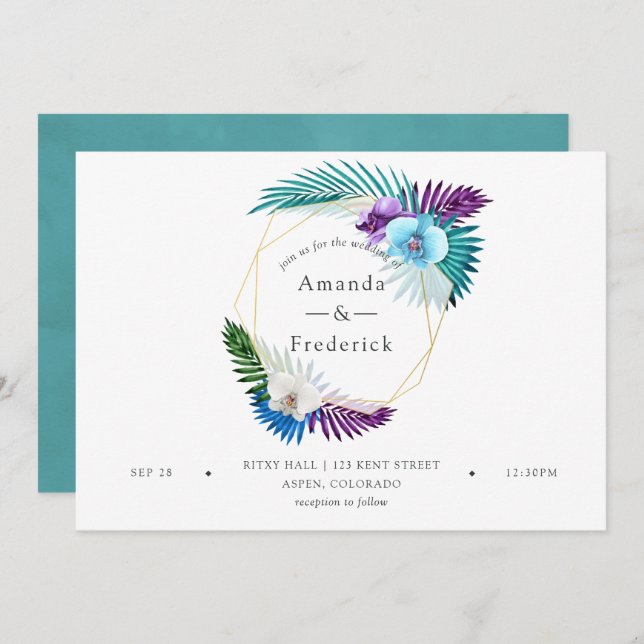 Watercolor Tropical Orchids Geometric Wedding Invitation (Front/Back)