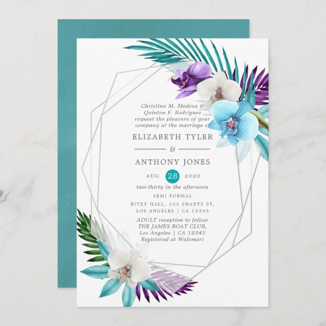 Watercolor Tropical Orchids Geometric Wedding Invitation (Front/Back)