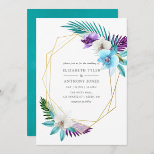 Watercolor Tropical Orchids Geometric Wedding Invitation