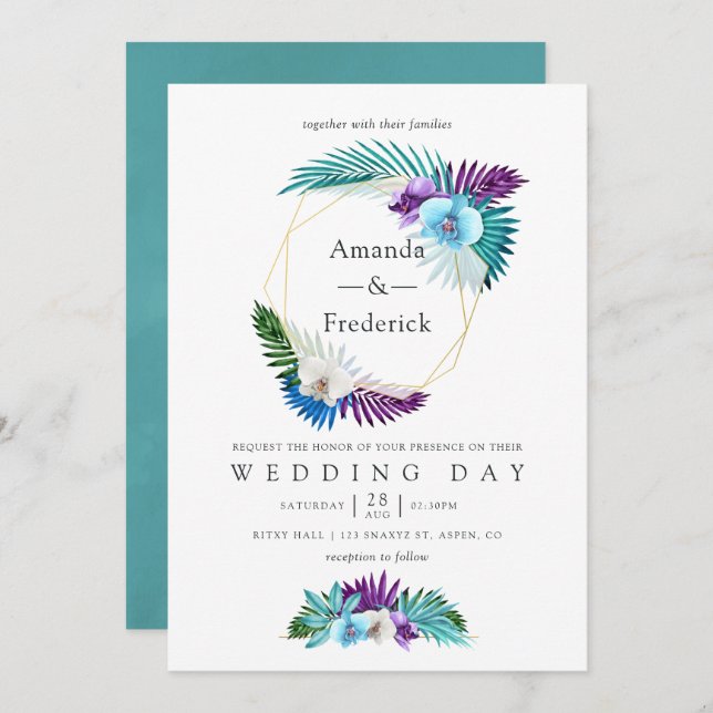 Watercolor Tropical Orchids Geometric Wedding Invitation (Front/Back)