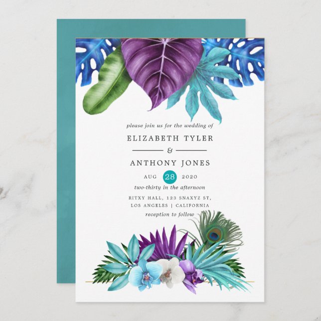 Watercolor Tropical Orchids Peacock Wedding Invitation (Front/Back)