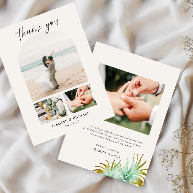 Watercolor Tropical Palm Destination Wedding Photo Thank You Card (Creator Uploaded)