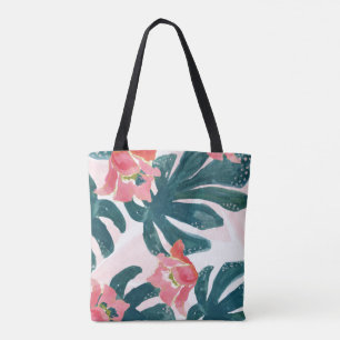 Watercolor Tropical Palm,Hawaiian Hibiskus Tote Bag