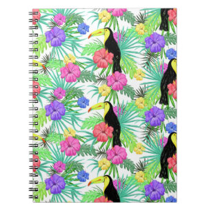 Watercolor Tropical Palm,Hawaiian Hibiskus Toucan Notebook