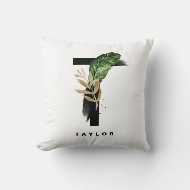 Watercolor Tropical Palm Leaves Letter T Monogram Cushion (Front)