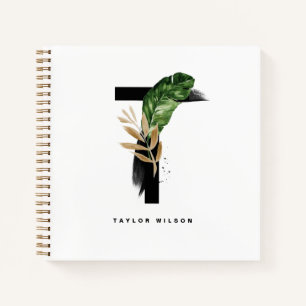Watercolor Tropical Palm Leaves Letter T Monogram Notebook