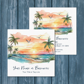 Watercolor Tropical Palm Tree Beach Sunset Square Business Card