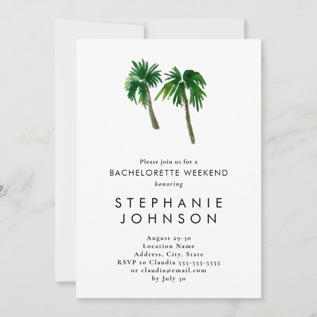 Watercolor Tropical Palm Trees  Bachelorette Invitation (Front)