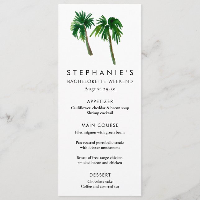 Watercolor Tropical Palm Trees  Bachelorette    Menu (Front)