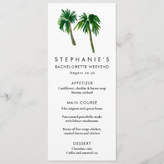 Watercolor Tropical Palm Trees Bachelorette Menu