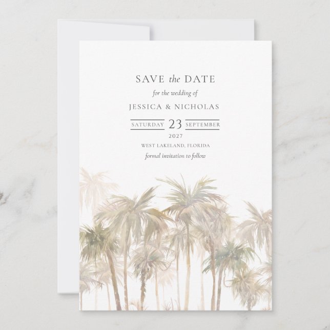 Watercolor Tropical Palm Trees Wedding Save The Date (Front)
