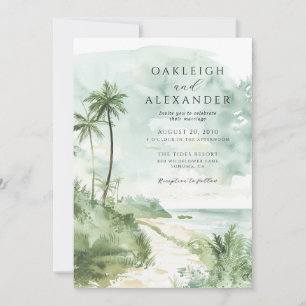 Watercolor Tropical Palms Beach Wedding Invitation