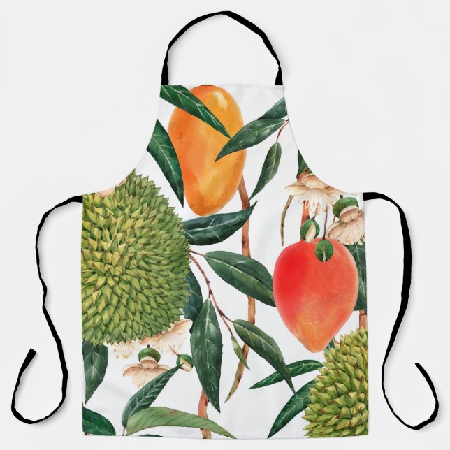 Watercolor tropical pattern, durian fruit, mango o apron (Front)