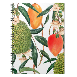Watercolor tropical pattern, durian fruit, mango o notebook