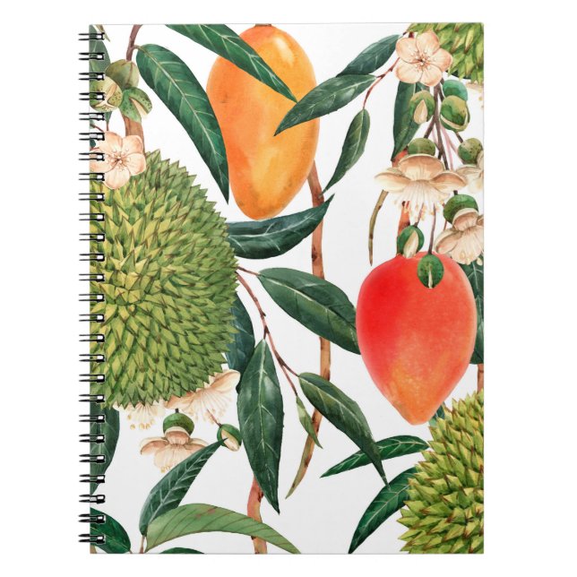 Watercolor tropical pattern, durian fruit, mango o notebook (Front)