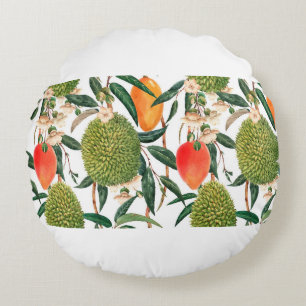 Watercolor tropical pattern, durian fruit, mango o round cushion