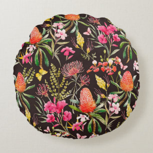 Watercolor tropical pattern , flowers, banksias o round cushion