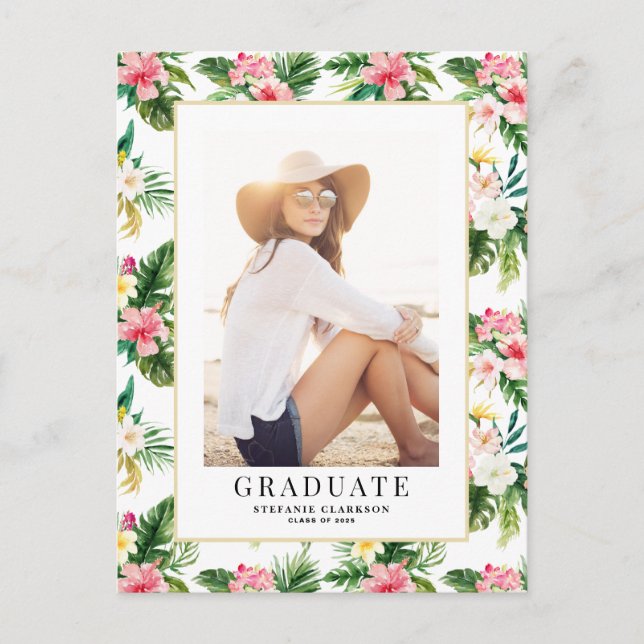 Watercolor Tropical Pattern Photo Graduation Invitation Postcard (Front)