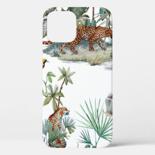 Watercolor tropical pattern with a leopard animal, iPhone 12 case