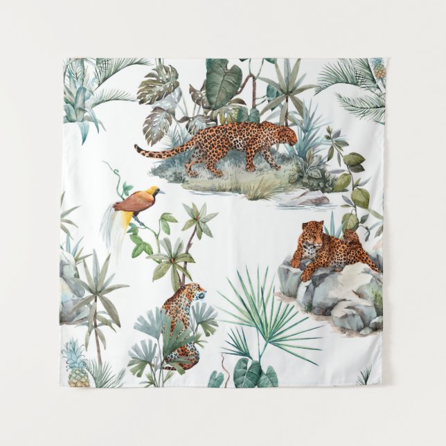 Watercolor tropical pattern with a leopard animal, tapestry (Front)