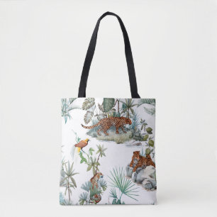 Watercolor tropical pattern with a leopard animal, tote bag