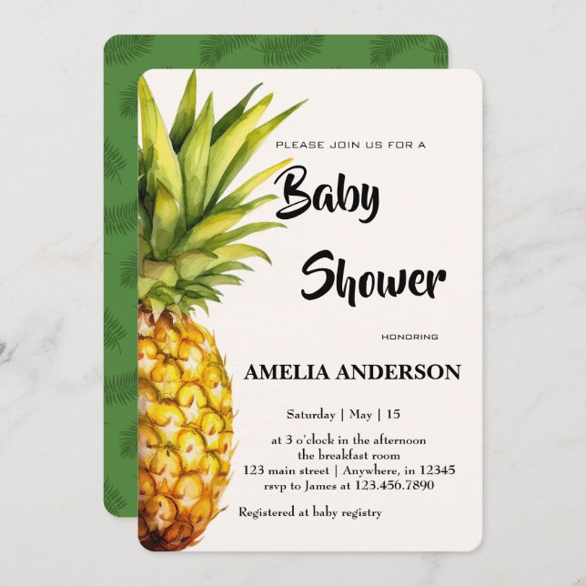 Watercolor Tropical Pineapple Baby Shower Invitation (Front/Back)