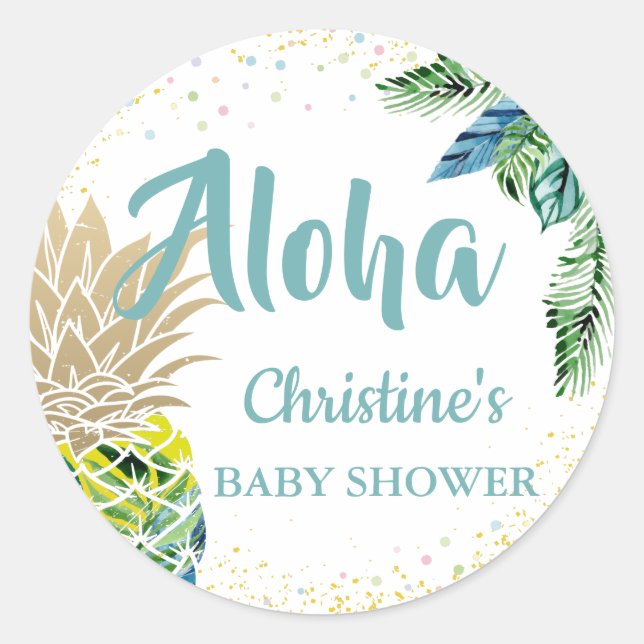 Watercolor Tropical Pineapple Beach Baby Shower Classic Round Sticker (Front)