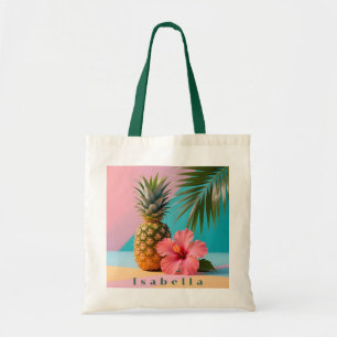 Watercolor Tropical Pineapple & Hibiscus Name Tote Bag