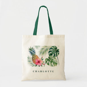 Watercolor Tropical Pineapple & Hibiscus Name Tote Bag