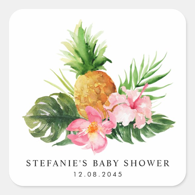 Watercolor Tropical Pineapple Summer Baby Shower Square Sticker (Front)